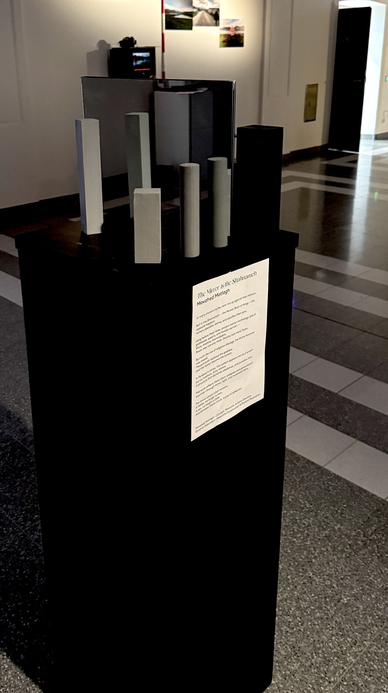 Side view of After the Name showing the mirror and sculptural arrangement